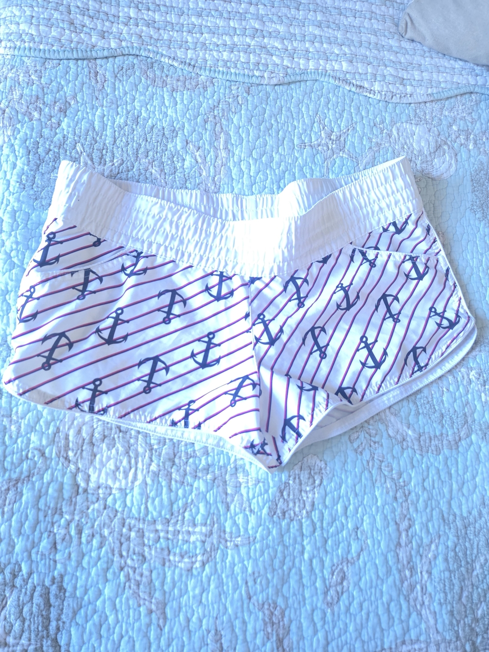 Xhilaration White Athletic Shorts with Navy Anchor & Red Stripe Print